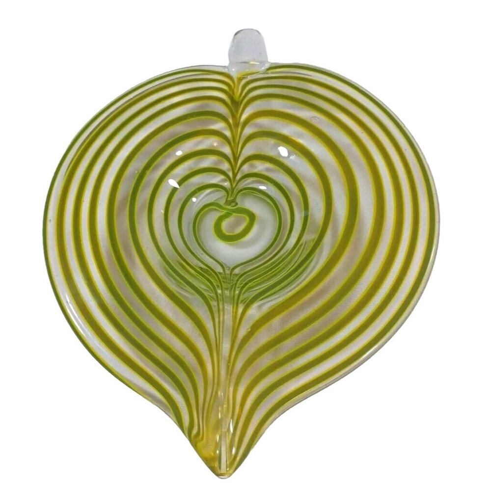 Mid Century Murano Centerpiece Bowl Tyra Lundgren Leaf Stripes Green Yellow - Picture 6 of 16